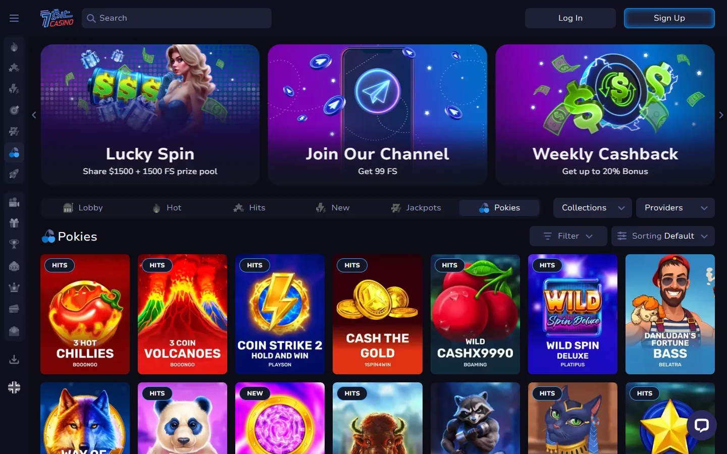 7Bit Casino game lobby showing slots, jackpots and live tables