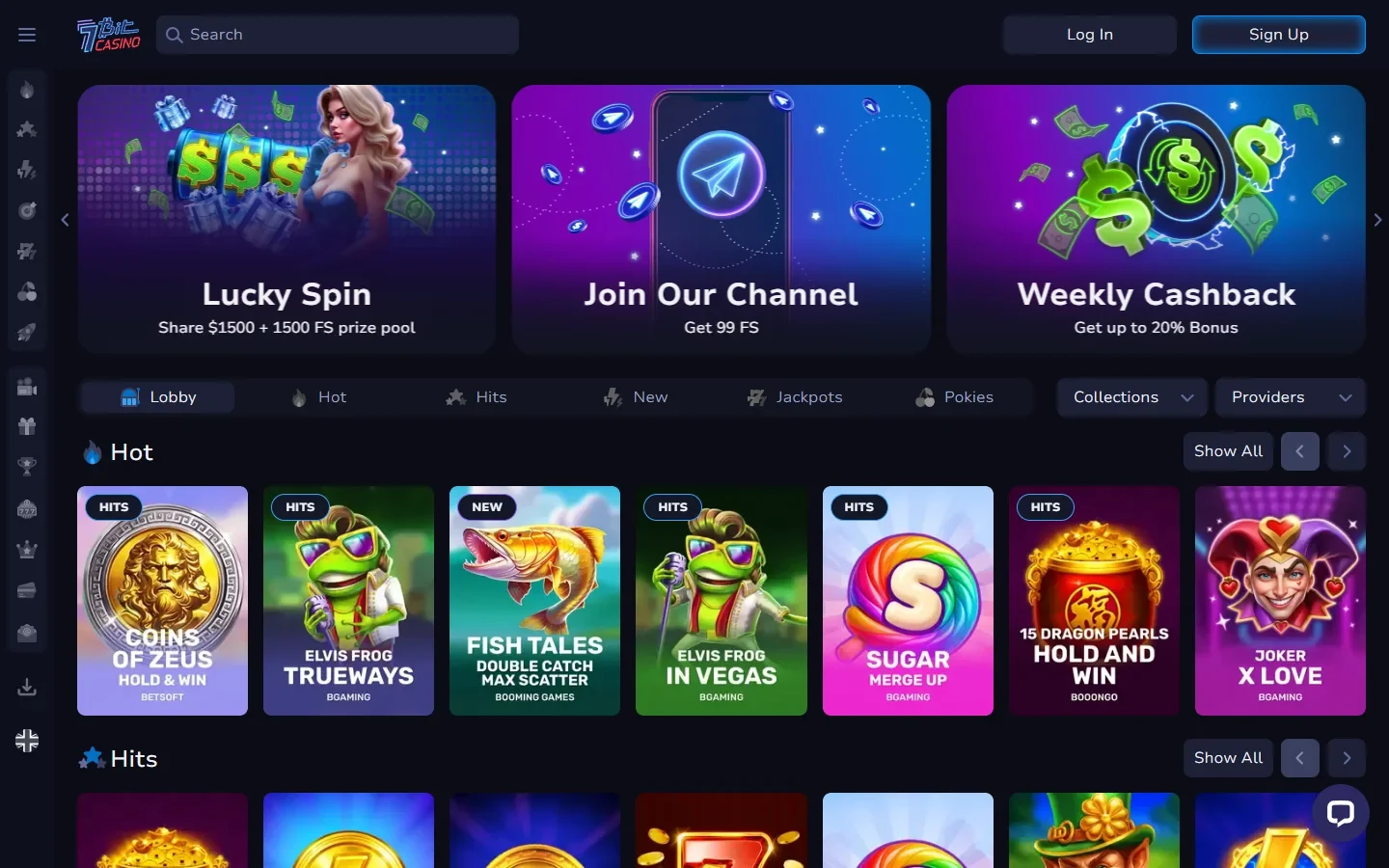 7Bit Casino review screenshot showing the home page and its retro pixel branding