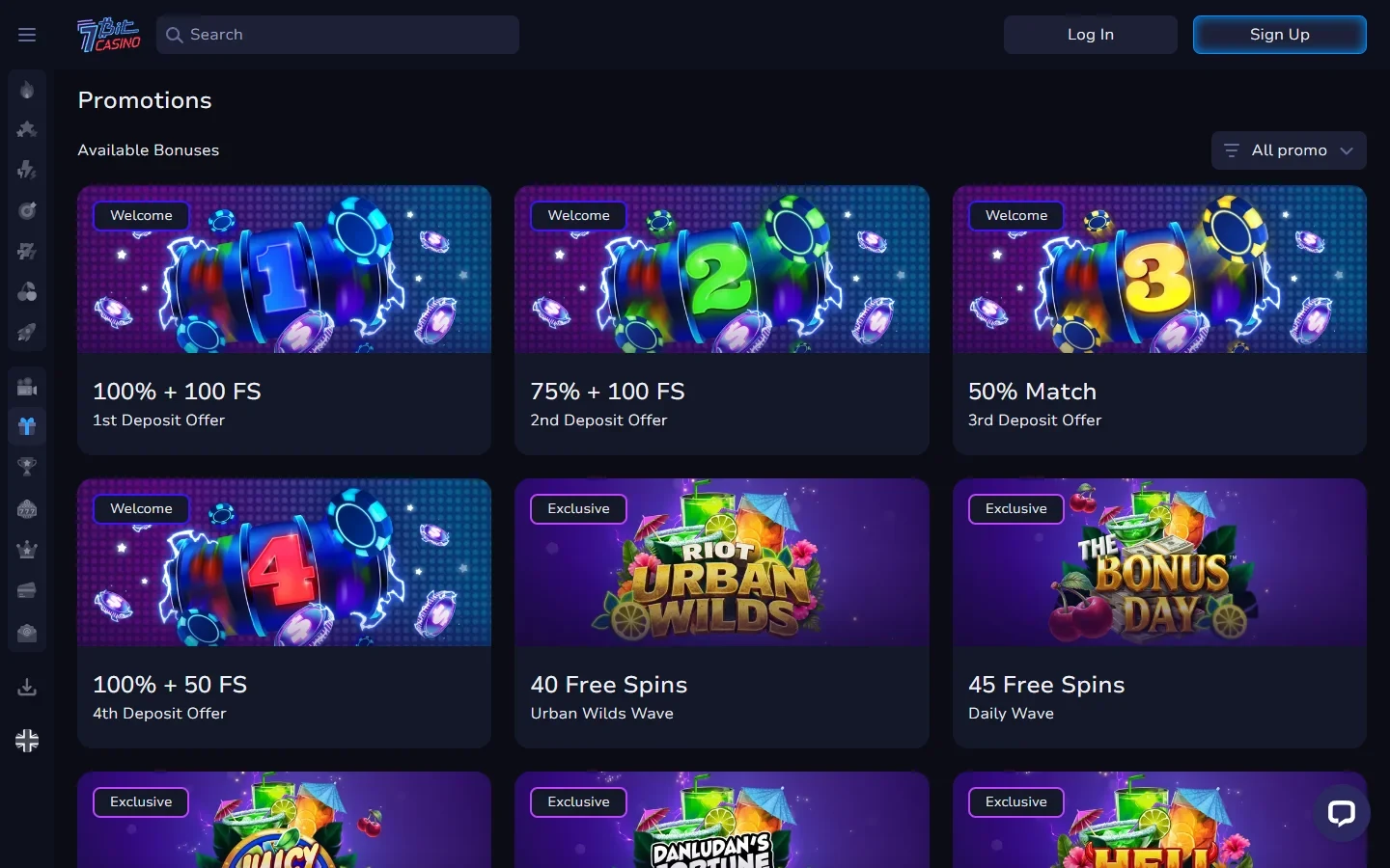 7Bit Casino bonuses page showing the four-deposit welcome ladder and cashback