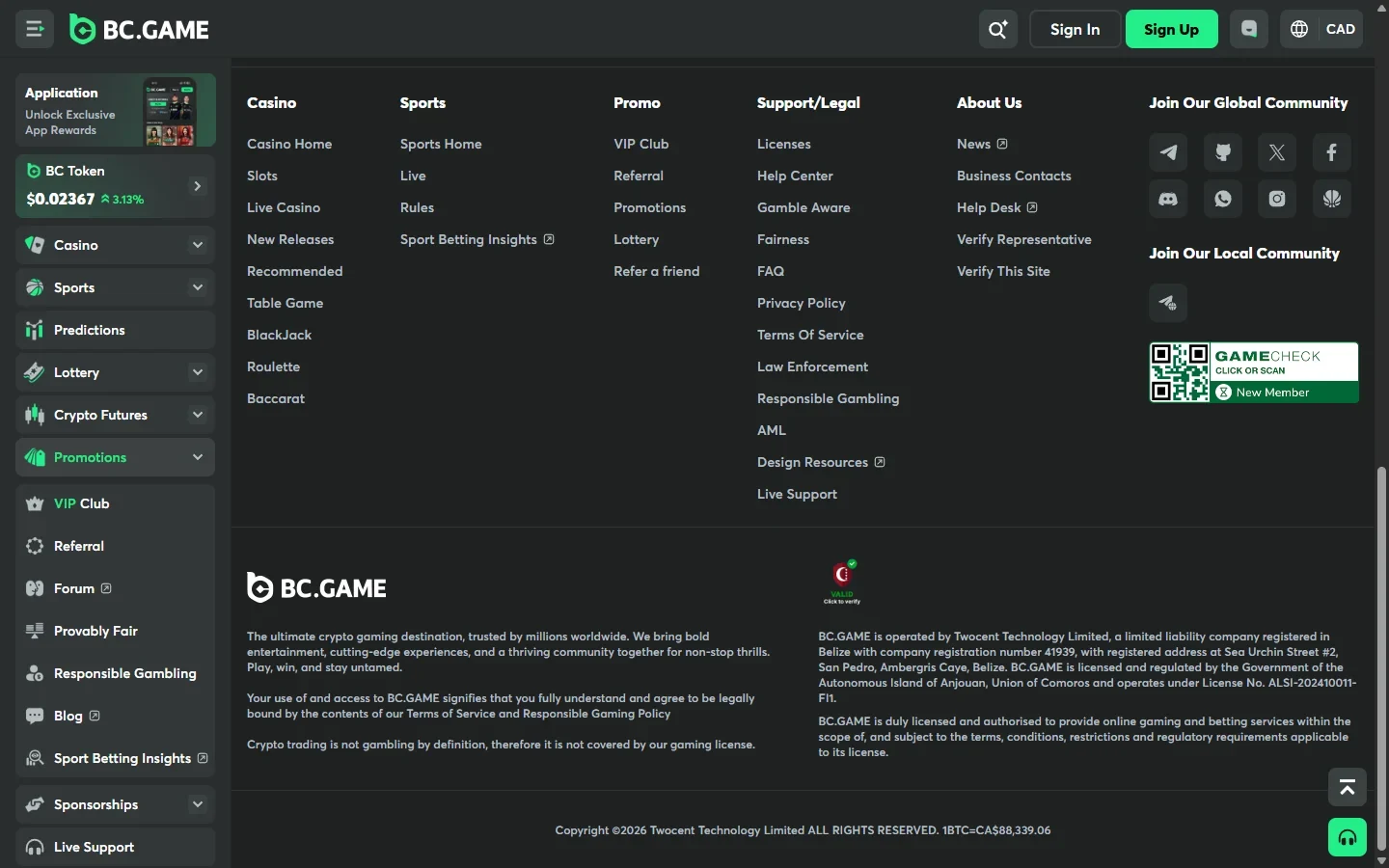 BC.Game footer showing the operating company, Belize registration and Anjouan licence number