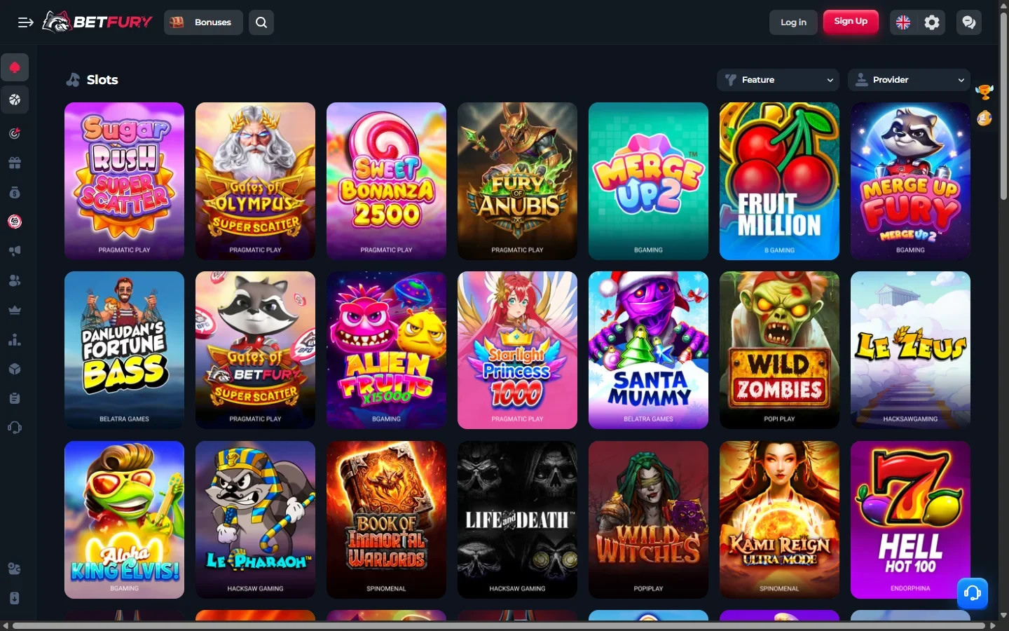 BetFury game lobby showing slots, dice, plinko and the in-house Originals
