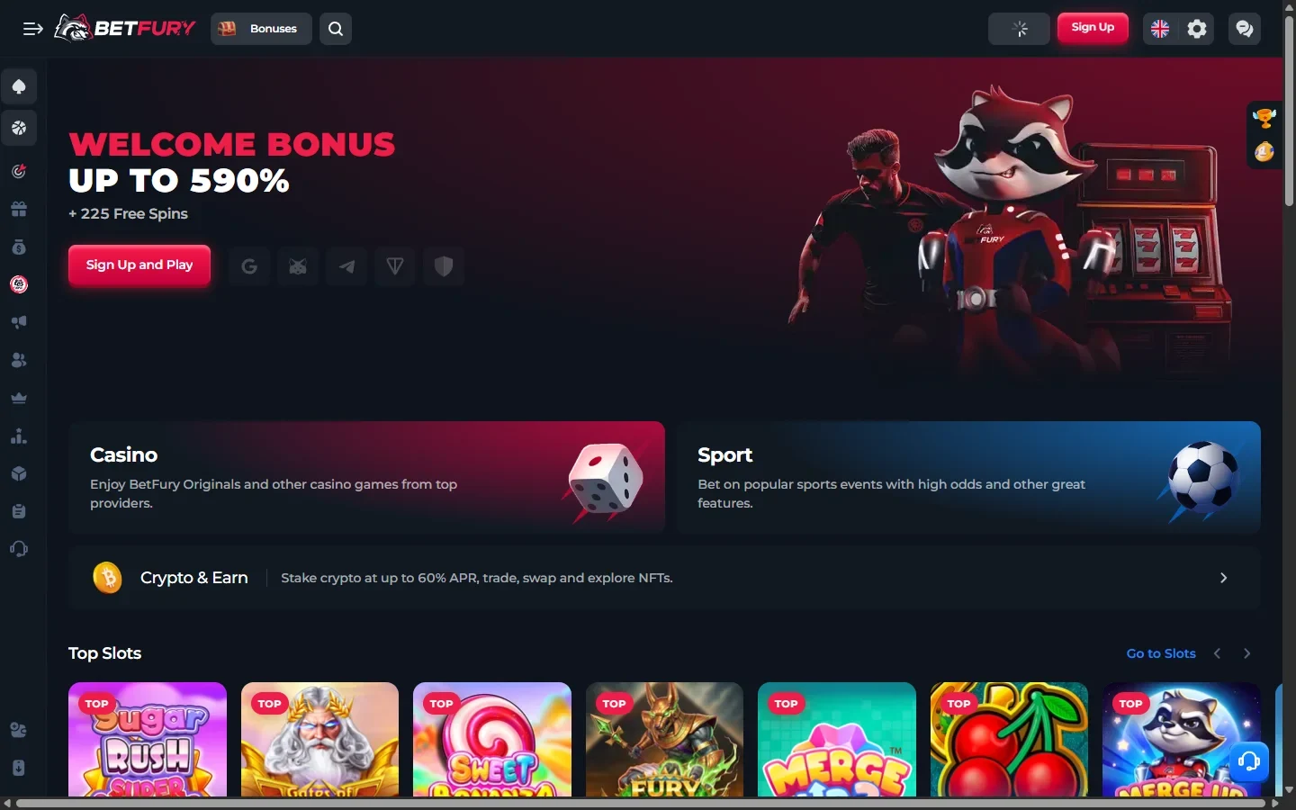 BetFury review screenshot showing the home page, rank system and token panel