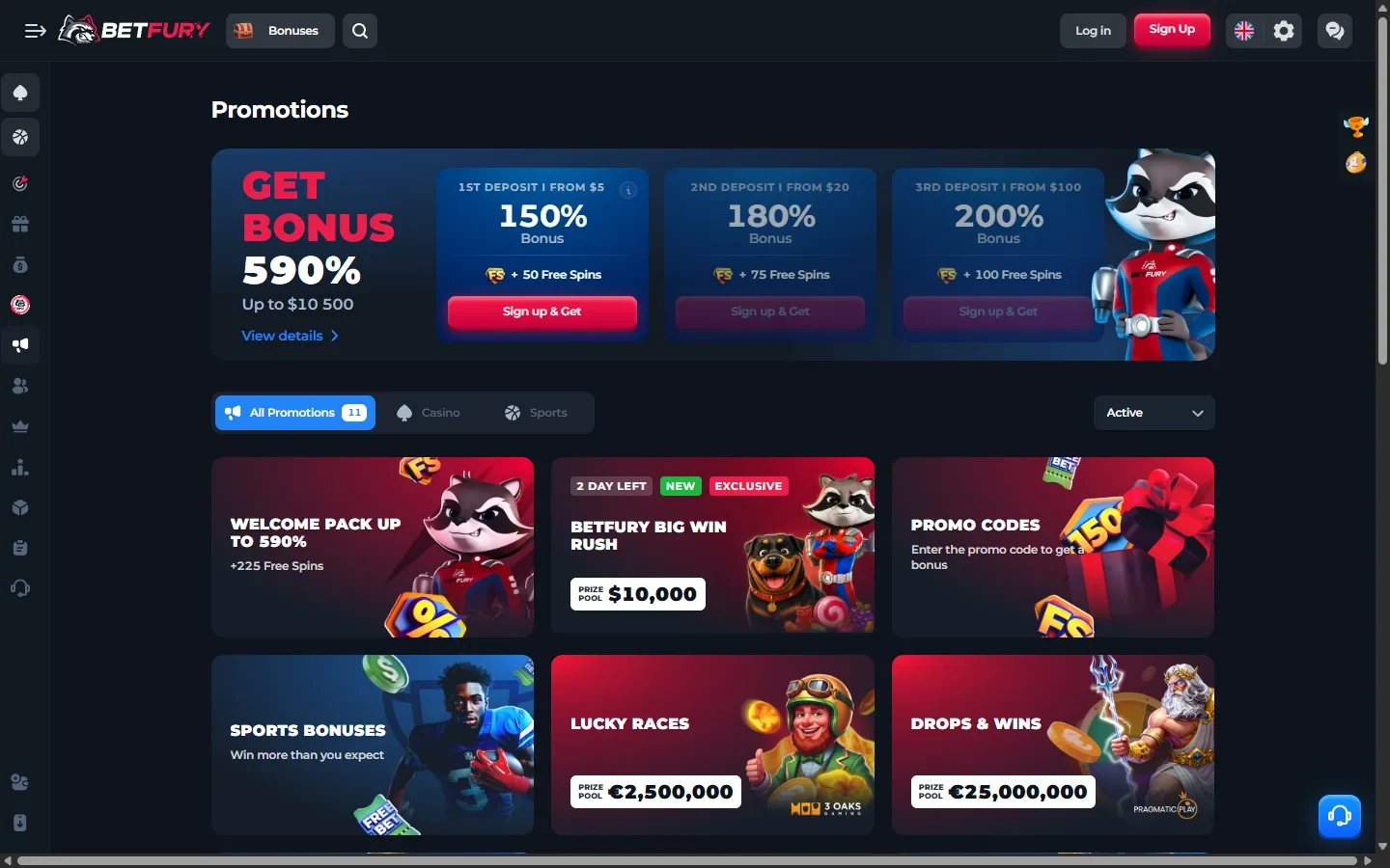 BetFury promotions page showing the three-step welcome pack and staking offers