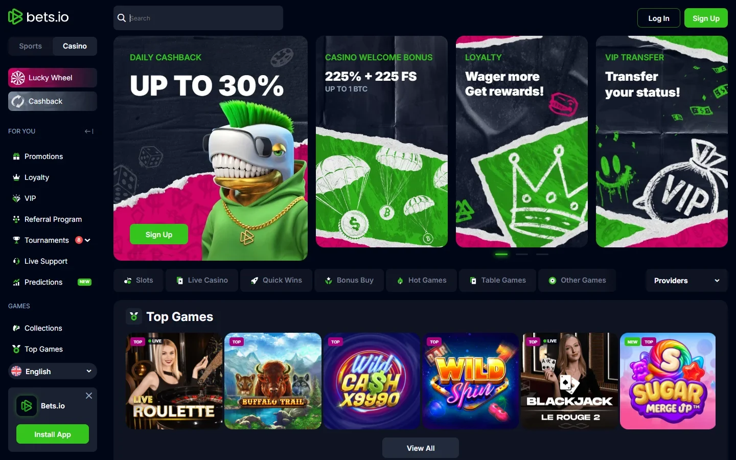 Bets.io review screenshot showing the home page and the casino lobby