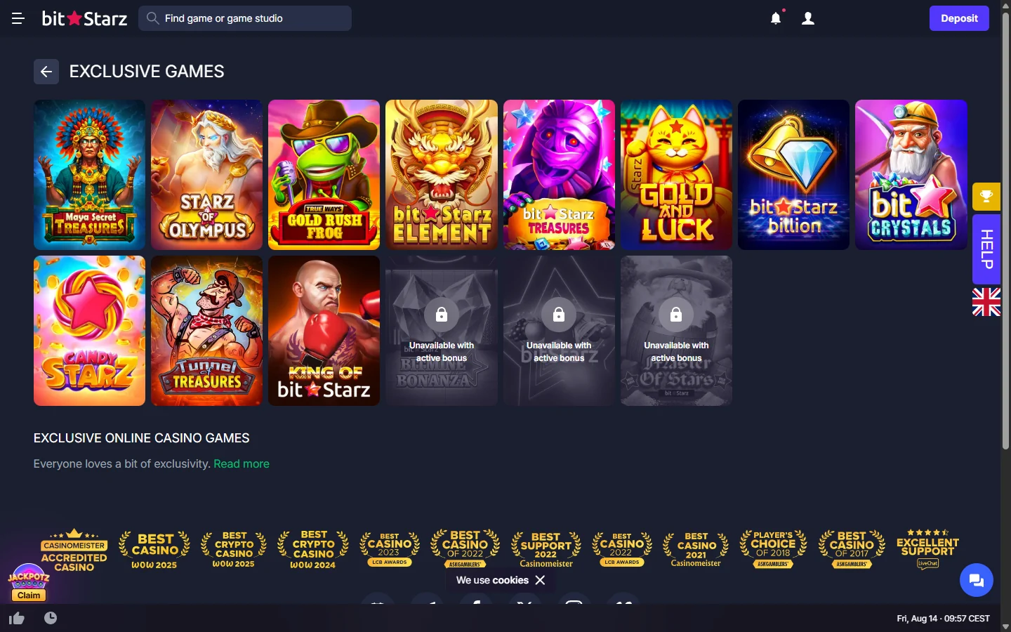 BitStarz exclusive games lobby with three titles locked out by an active bonus