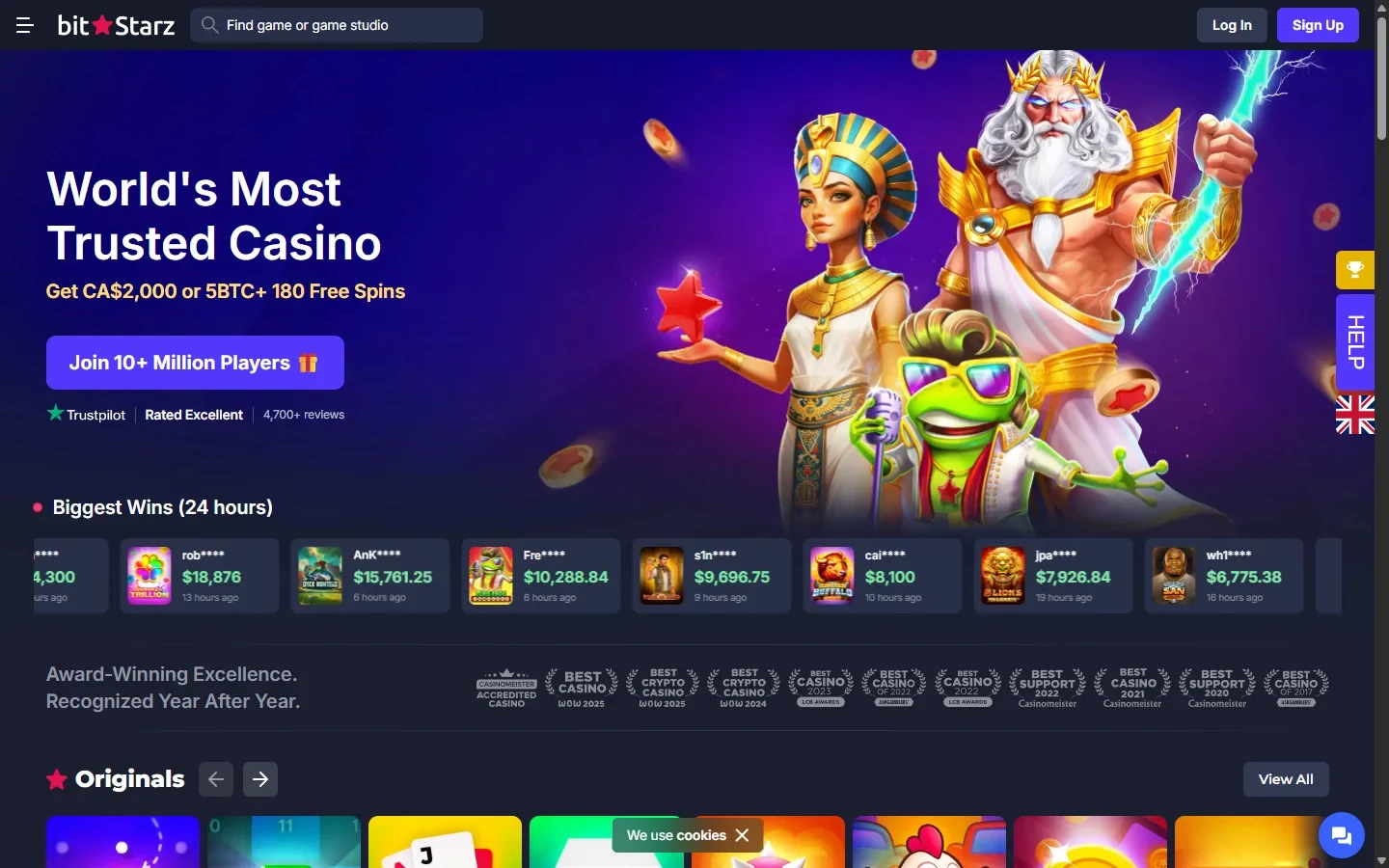 BitStarz review screenshot showing the home page and its biggest wins ticker