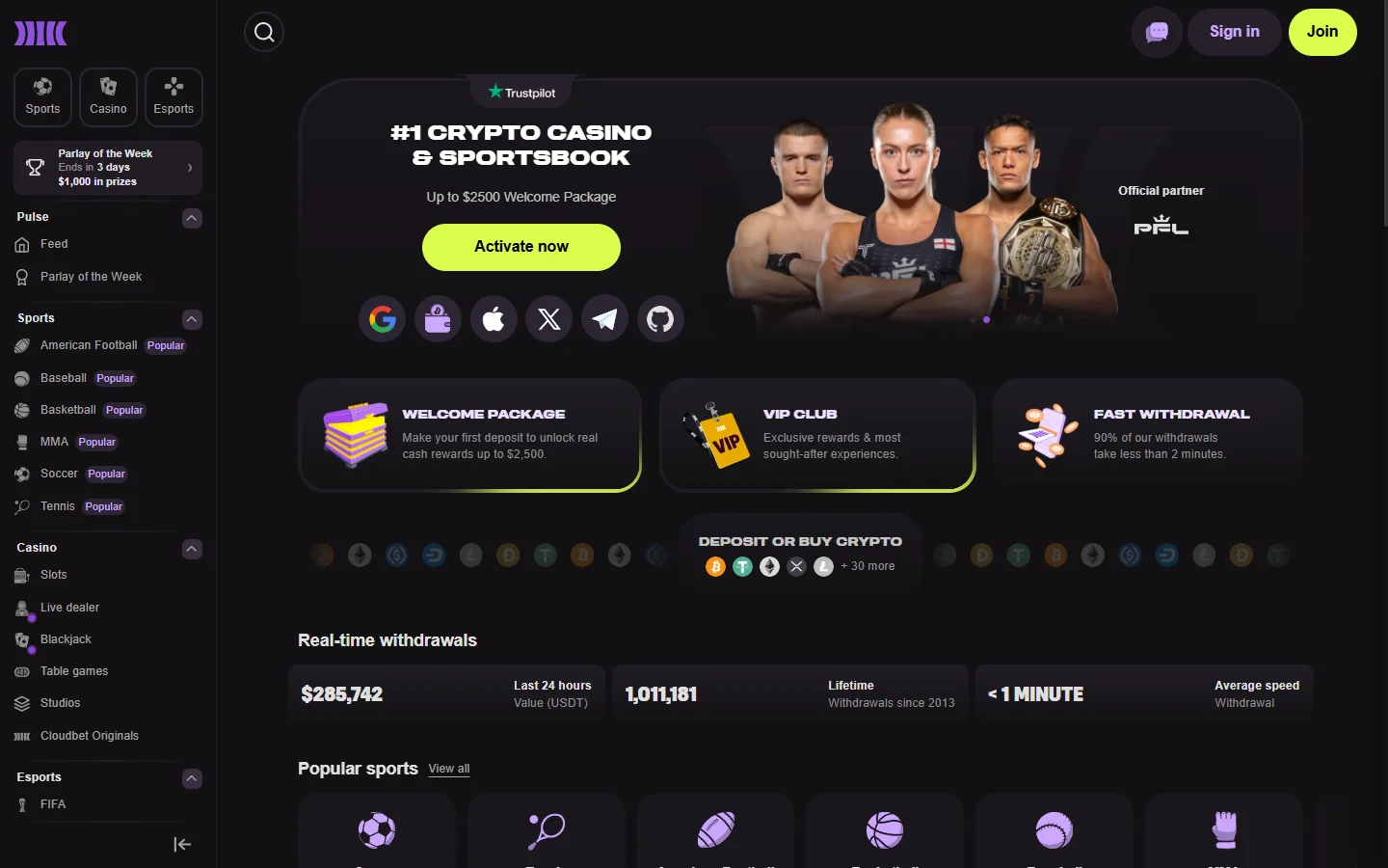 Cloudbet review screenshot showing the homepage and casino lobby