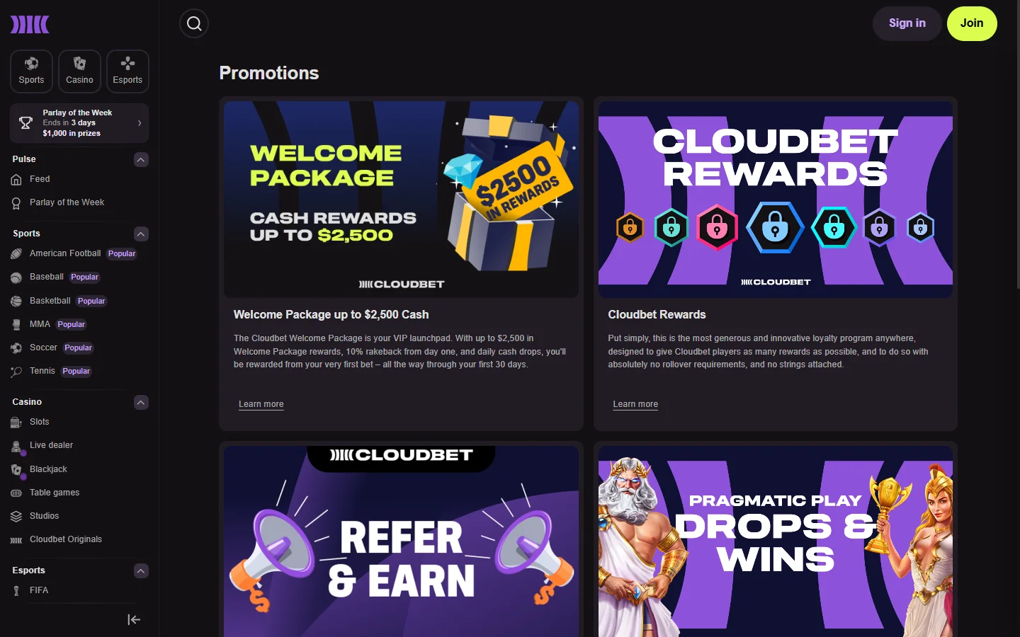Cloudbet promotions page showing the cash rewards programme