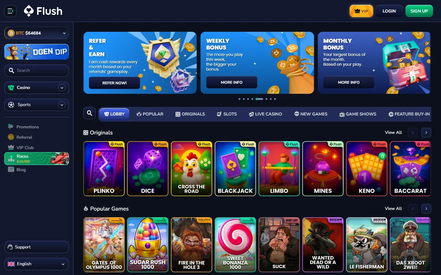 Flush game lobby with slots, live tables and provably fair originals