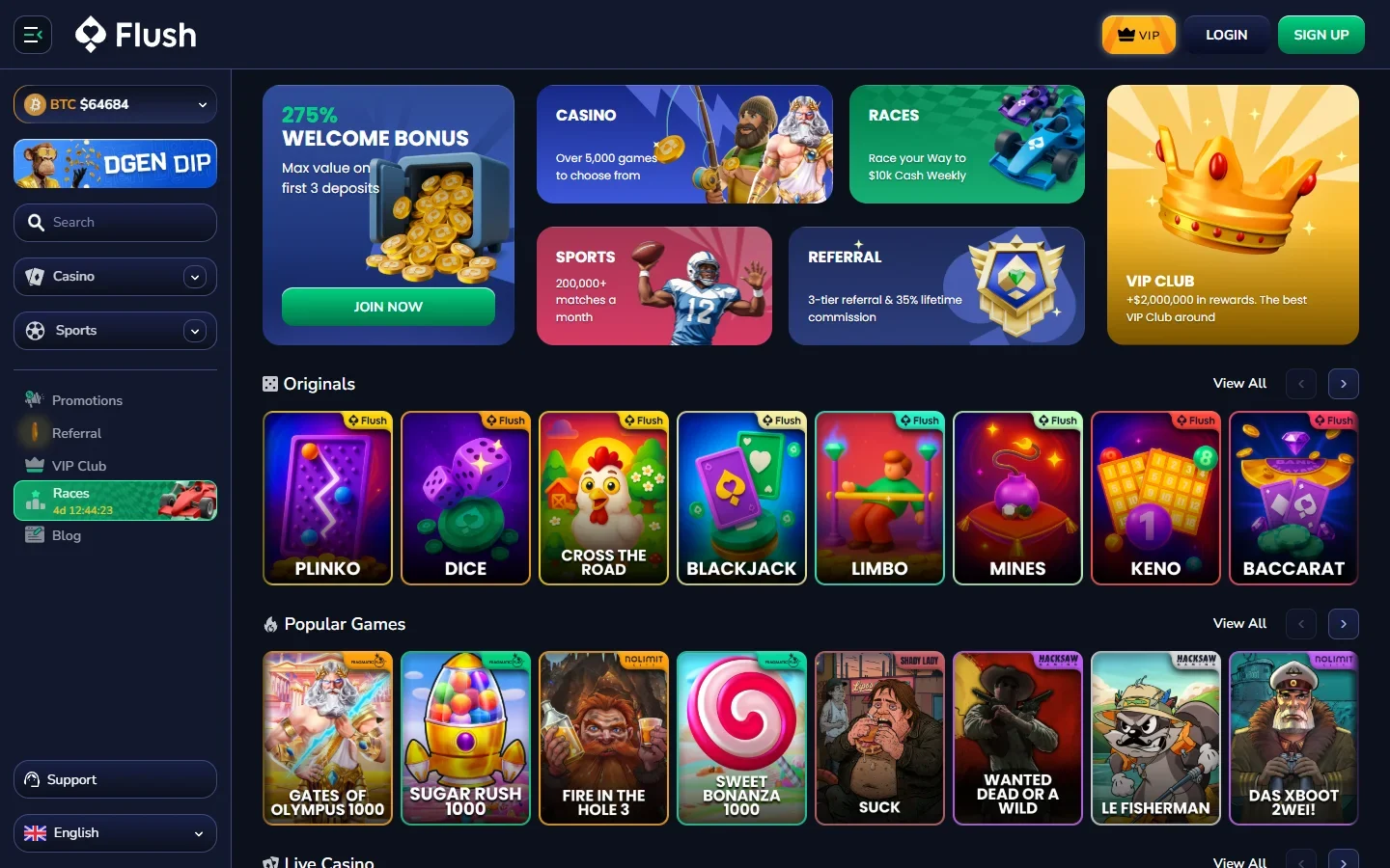 Flush casino review screenshot showing the homepage and game lobby