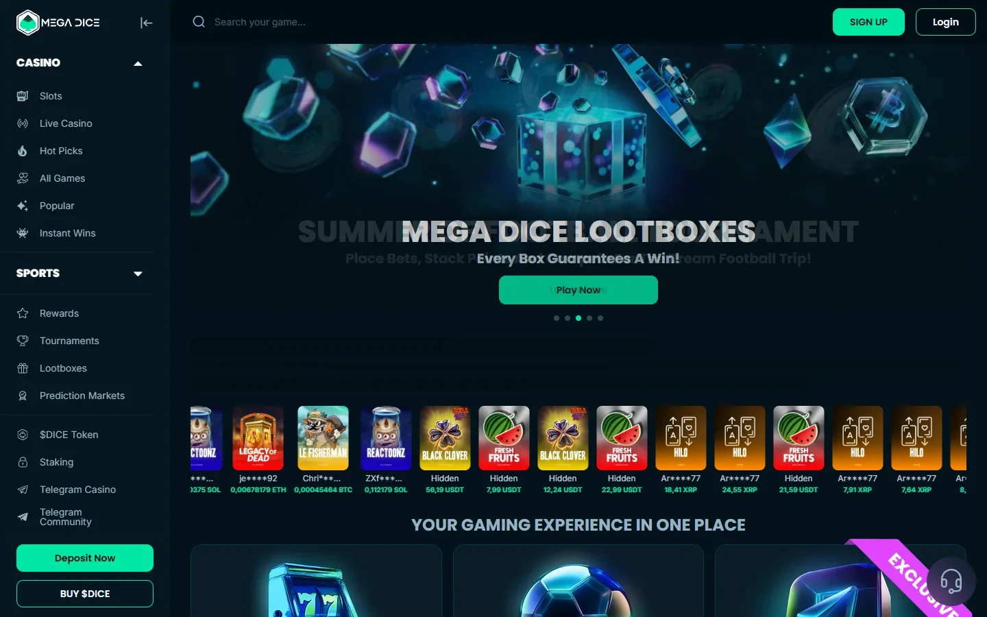 Mega Dice review screenshot showing the home page and the live win feed priced in USDT