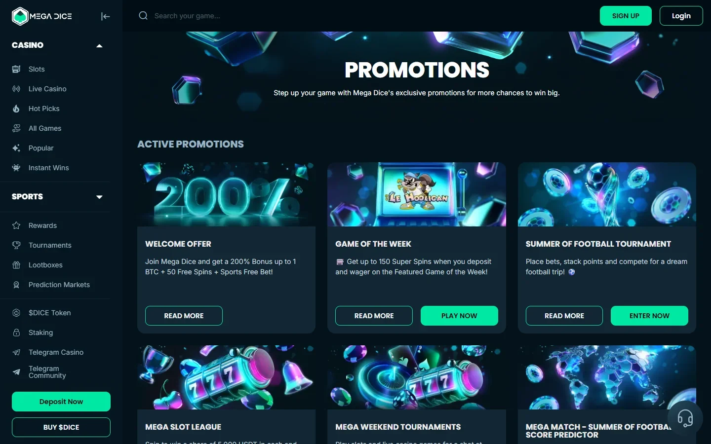 Mega Dice promotions page showing the welcome offer and reward ladder