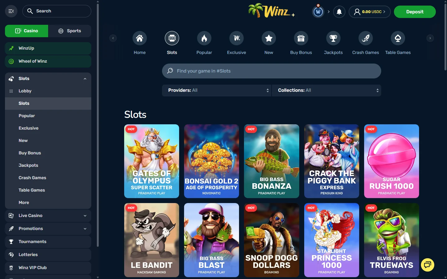 Winz.io slots lobby with provider and collection filters