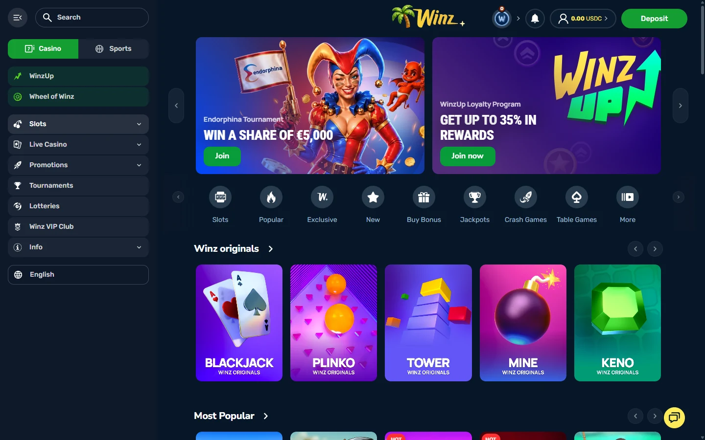 Winz.io review screenshot showing the home page with the Winz Originals row