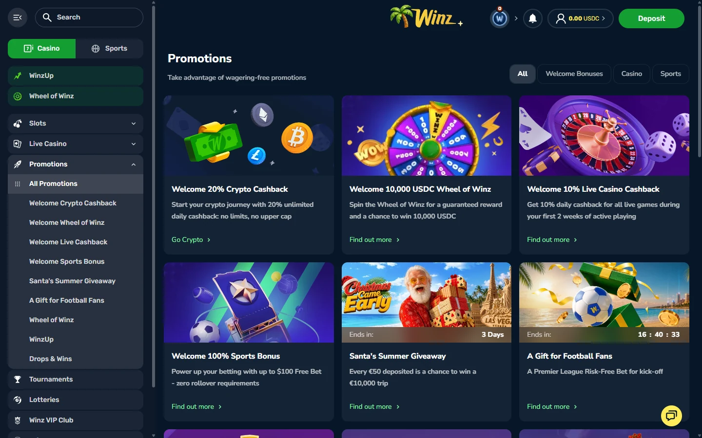 Winz.io promotions page headed wagering-free promotions