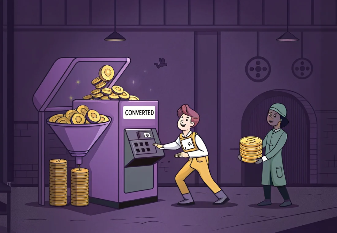 A conversion machine marked CONVERTED being fed a tall stack of coins on one side and delivering a shorter stack into the tray on the other