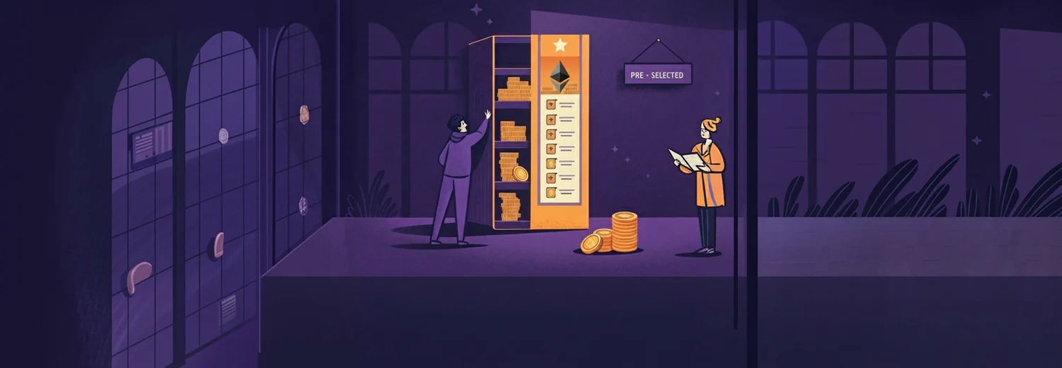A tall list of network shelves with the pre-selected top shelf lit orange under the Ethereum logo and heaped with coins, while every shelf below it holds one coin