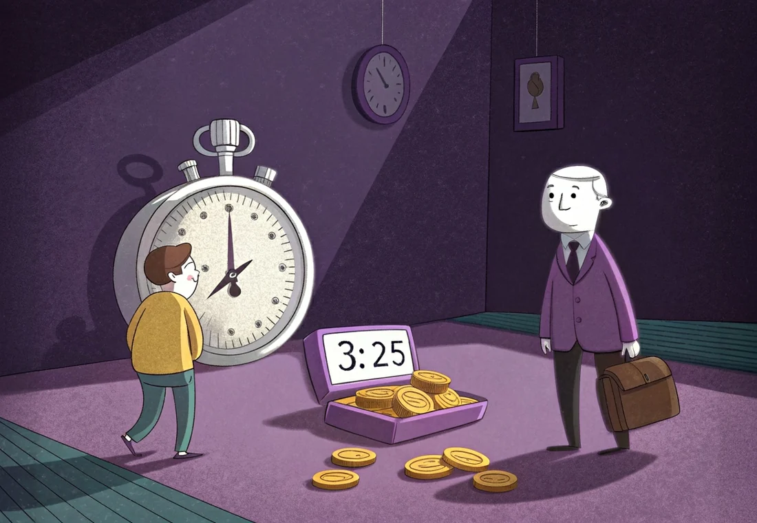 A stopwatch as tall as a person stopped at 3:25 beside an open tray of coins, with the payout timed as it lands