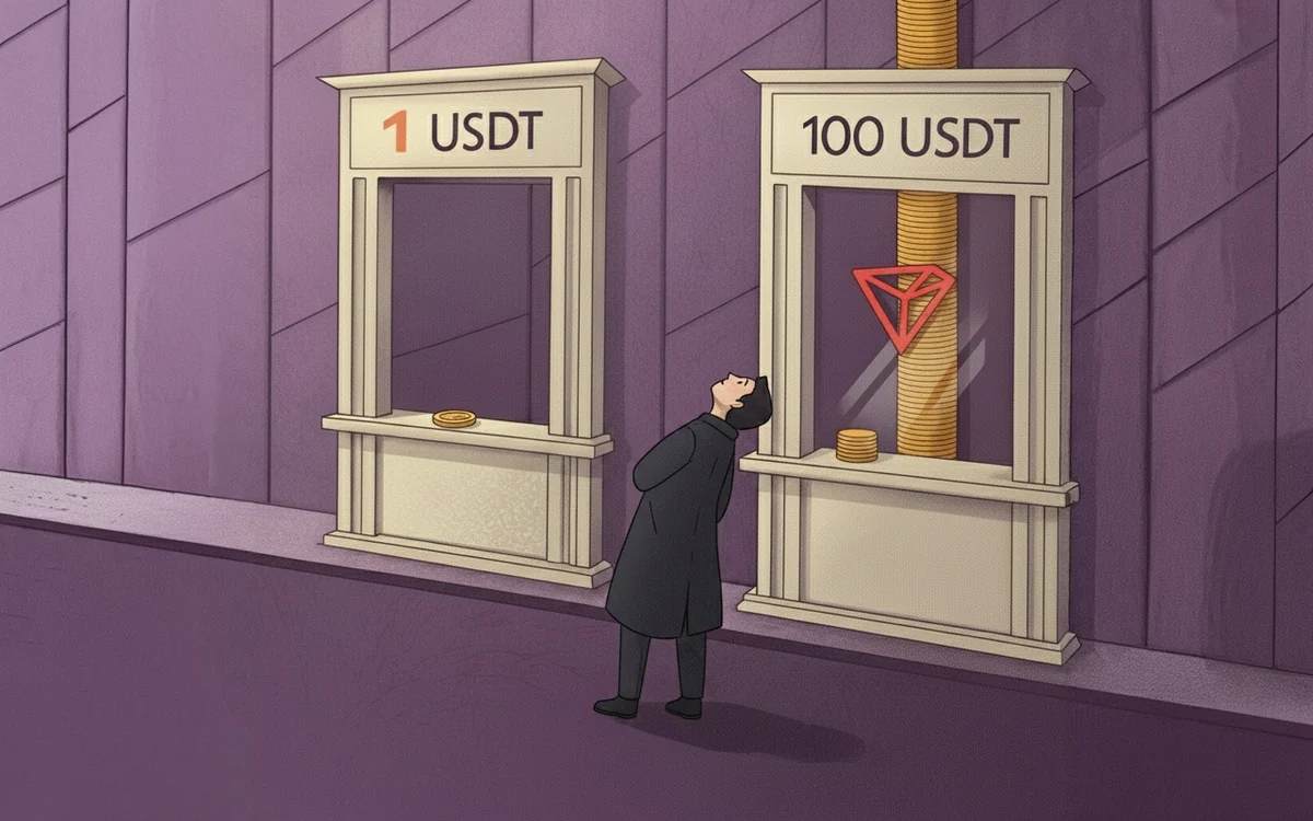 Two payment windows: the 1 USDT window holds a single coin, the 100 USDT window carries the TRON logo and a column of coins running off the top of the frame