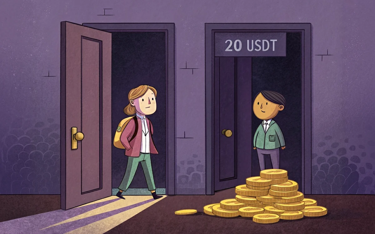 Two doorways side by side: a narrow one with a single coin on its step, and a wide one under a 20 USDT sign with a mound of coins piled in front of it